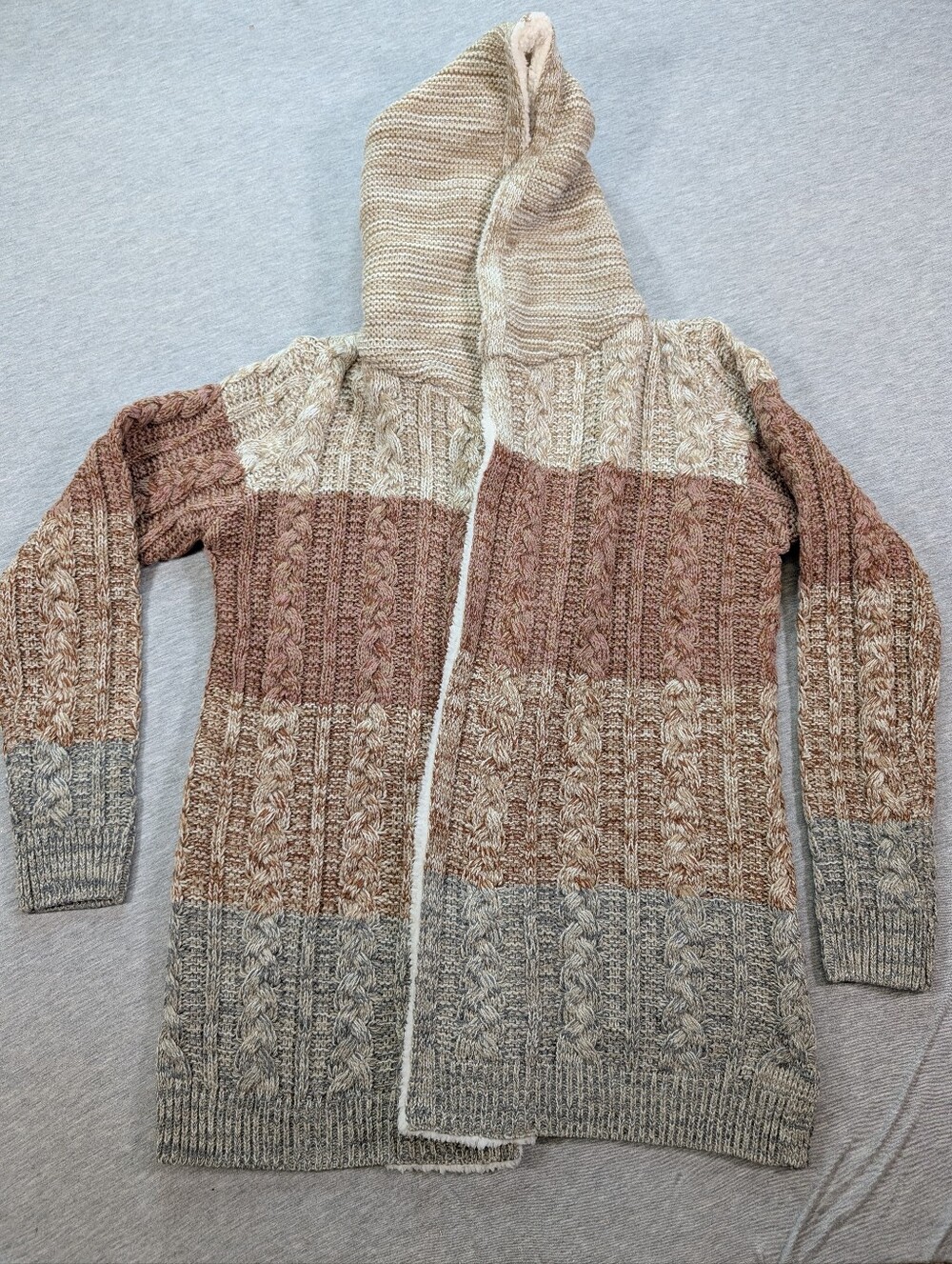 Natural Reflections Colorblock Cable-Knit Hooded Cardigan - Beige/Brown/Gray NWT